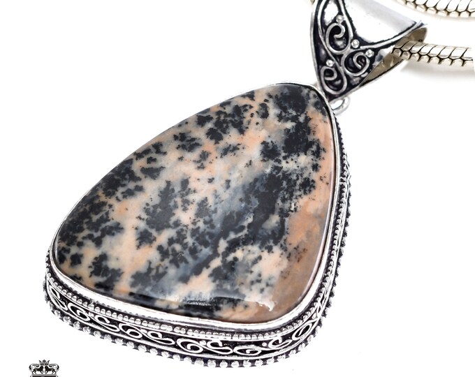 German Fossilized DENDRITE Agate Pendant & FREE 3MM Italian 925 Sterling Silver Chain V375