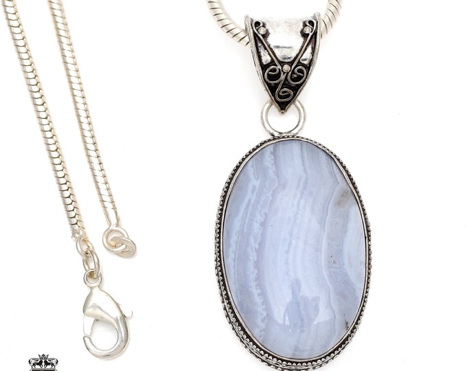 Namibian BLUE LACE Agate Pendant & FREE 3MM Italian 925 Sterling Silver Chain V547