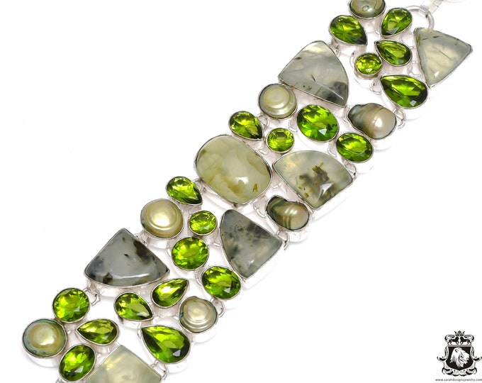 Prehnite Peridot Pearl 925 Sterling Silver Bracelet B3567