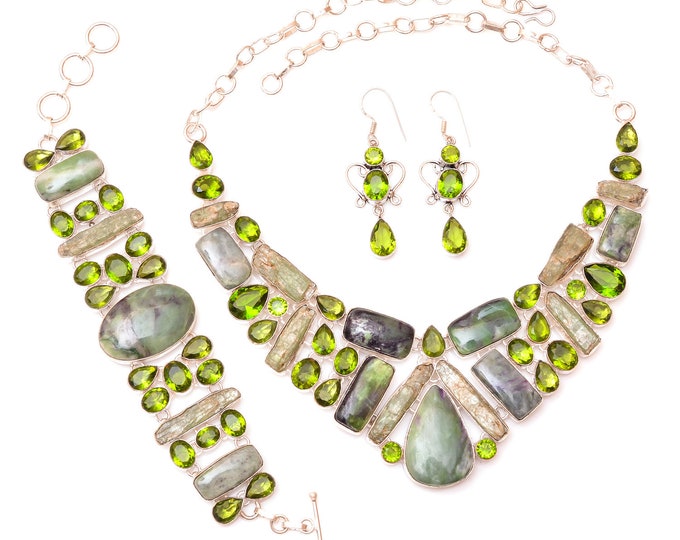 Kammererite Chrome Tourmaline Peridot Fine 925 Sterling Silver Earrings Bracelet Necklace Set SET1228