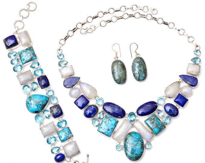 Morenci Turquoise Moonstone Lapis Fine 925 Sterling Silver Earrings Bracelet Necklace Set SET1172