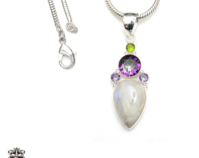 Moonstone Mystic Topaz & FREE 3MM Italian Chain Energy Healing Necklace • Crystal Healing Necklace • Minimalist Necklace P9383