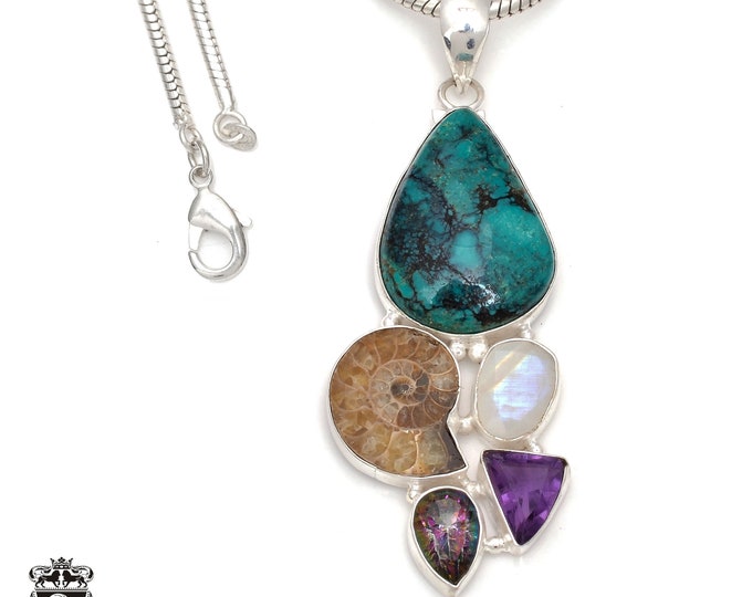 Turquoise Ammonite Fossil Amethyst Moonstone Mystic Topaz 925 Sterling Silver Pendant & 3MM Italian 925 Sterling Silver Chain Necklace P7820