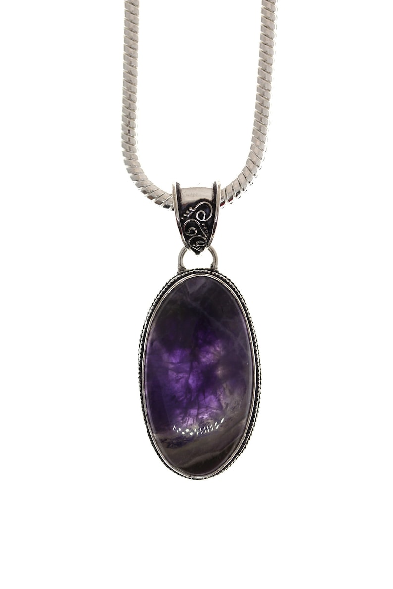 CHEVRON Amethyst VINTAGE style Setting 925 Sterling Silver Pendant 4MM Italian Snake Chain P2234