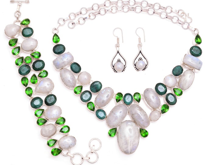 Go Green! Moonstone Emerald Peridot Fine 925 Sterling Silver Bracelet Necklace Dangle & Drop Earrings SET1124