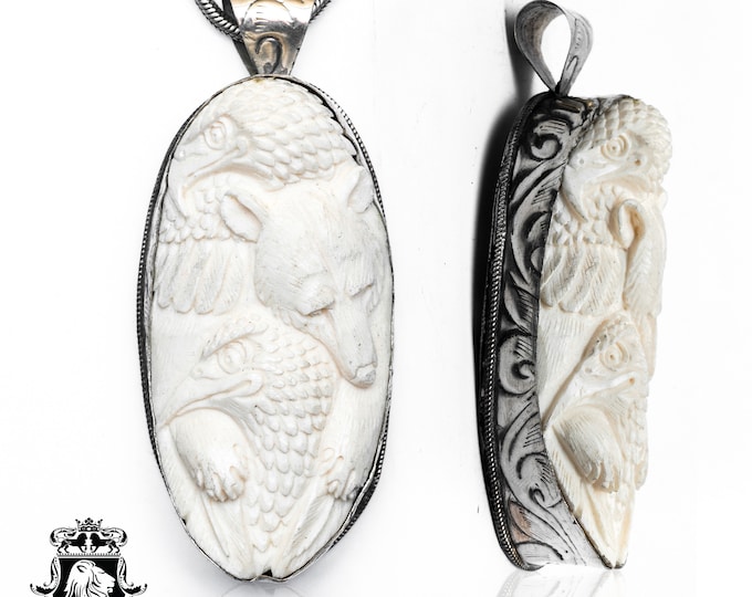 Bear Flock of Eagles Carving Pendant & FREE 3MM Italian 925 Sterling Silver Chain N441