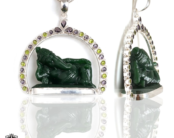 Meditation Zen Resin Coated Jade Resting Ganesha Gemstone Carving Pendant FREE 3MM Italian Snake Chain P9125