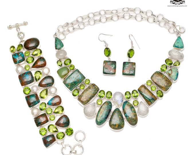 Perfect! Azurite Malachite Chrysocolla Moonstone Peridot SHATTUCKITE Fine 925 Sterling Silver Necklace Bracelet Earrings SET 659