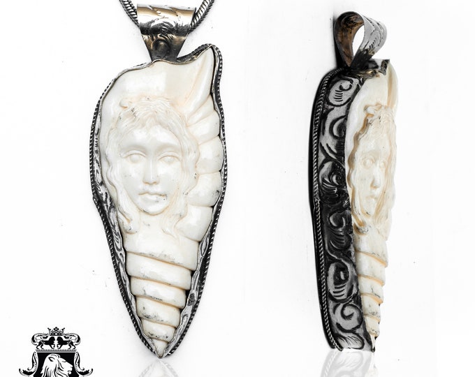 Conch Shell Victorian Lady Carving Pendant & FREE 3MM Italian 925 Sterling Silver Chain N354