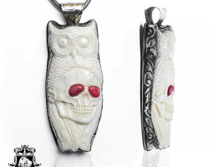 Owl Skull Carving Pendant & FREE 3MM Italian 925 Sterling Silver Chain N492