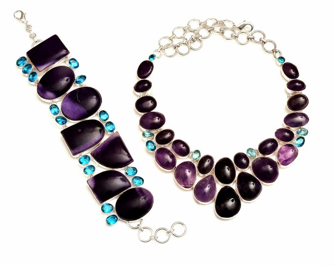 Blast of Purple! African Amethyst Blue Topaz Fine Sterling Silver Necklace Bracelet Earrings SET975