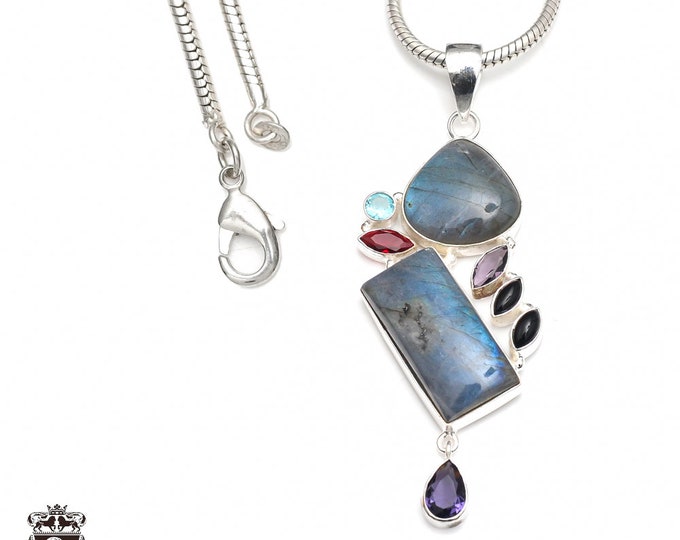 AAA Grade Canadian Mined Blue Labradorite Amethyst Garnet Pendant & 3MM Italian 925 Sterling Silver Chain P9190