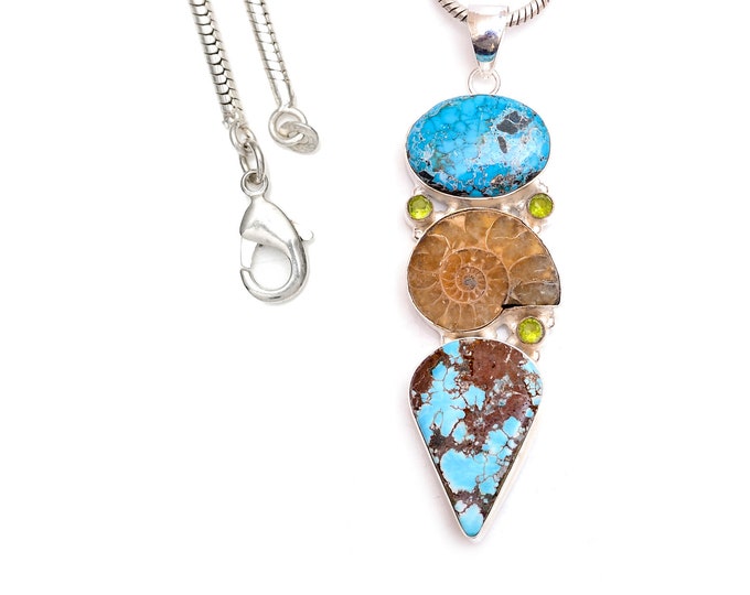 Bringing Sexy Back! Number 8 Turquoise Ammonite Fossil 925 Sterling Silver Pendant &  Chain P9469