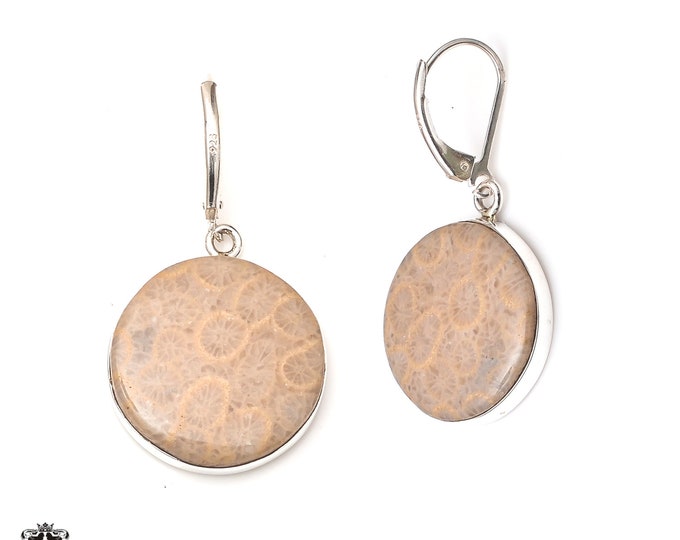 1.5 Inch Circle Shaped Fossil Coral 925 Sterling Silver Leverback Earrings E152