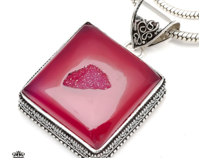 Pink Agate Geode Druzy Pendant & FREE 3MM Italian 925 Sterling Silver Chain V145