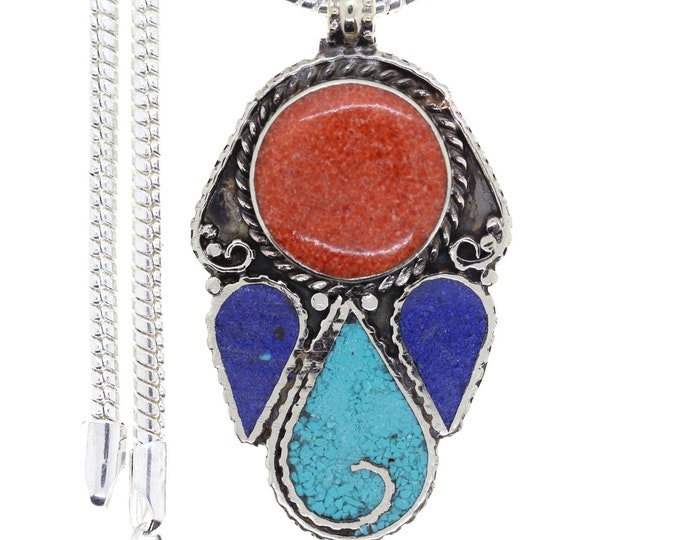 Turquoise Coral Tibetan Silver Pendant & FREE 3MM Italian 925 Sterling Silver Chain N31