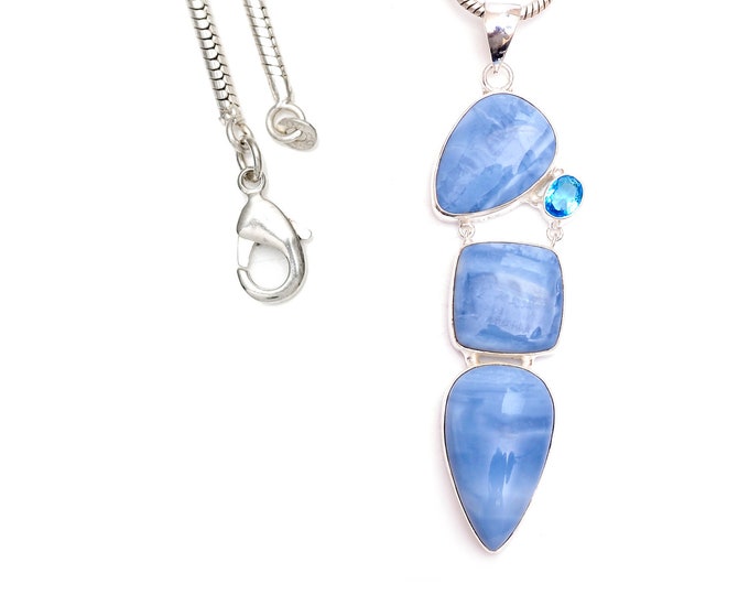 Time for Vaccation! 3 Inch Owyhee Opal Blue Topaz 925 Sterling Silver Pendant & 3MM Italian 925 Sterling Silver Chain P9418
