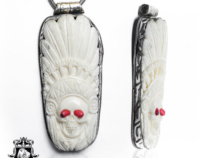 War Bonnet Wearing Native Skull Carving Pendant & FREE 3MM Italian 925 Sterling Silver Chain N487