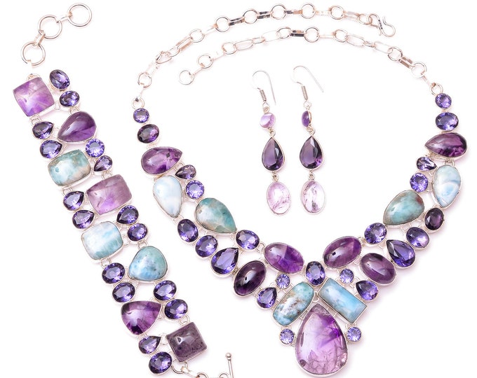 Tripache Amethyst Larimar Fine 925 Sterling Silver Earrings Bracelet Necklace Set SET1189