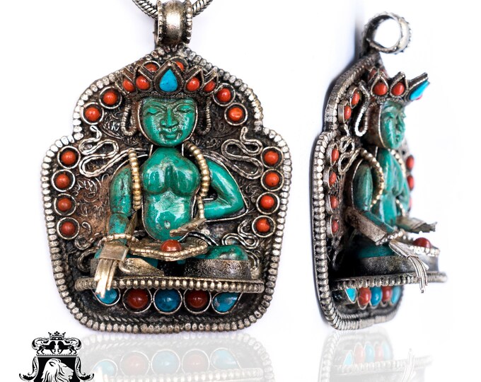 Amoghasiddhi Buddha Ghau Tibetan Prayer Box Gemstone Healing Spiritual Meditation Necklace • 3MM Italian Chain   N179