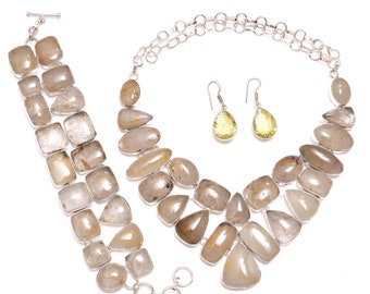 ¡Dinero, dinero! Pulsera, collar y pendientes colgantes de cuarzo rutilado en plata de ley 925 (SET 1098)