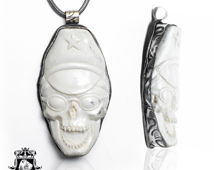 Star Spangled Skull Carving Pendant & FREE 3MM Italian 925 Sterling Silver Chain N490