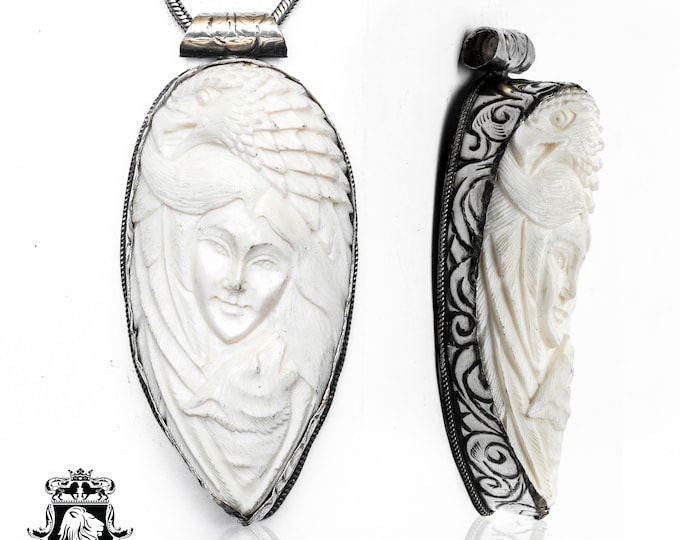 Eagle Lady Howling Wolf Carving Pendant & FREE 3MM Italian 925 Sterling Silver Chain N402