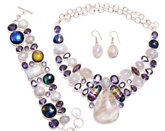 Sophisticated Glamour! Moonstone Dichroic Glass Amethyst Fine 925 Sterling Silver Necklace Bracelet Dangle & Drop Earrings SET1094