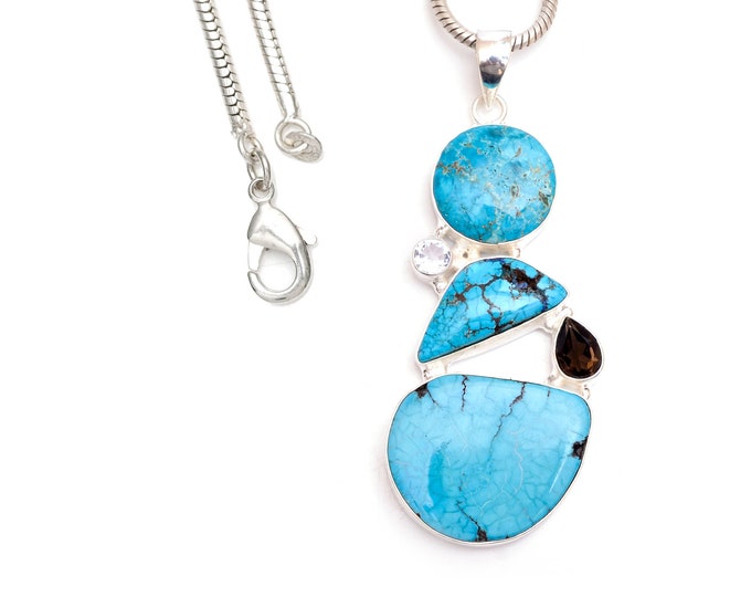 Battle Mountain Turquoise Black Tourmaline Clear Topaz 925 Sterling Silver Pendant & Chain P9499