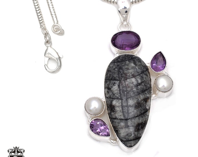 Orthoceras Fossil Osaka Pearl Amethyst Ametrine 925 Sterling Silver Pendant & 3MM Italian 925 Sterling Silver Chain Necklace P7823