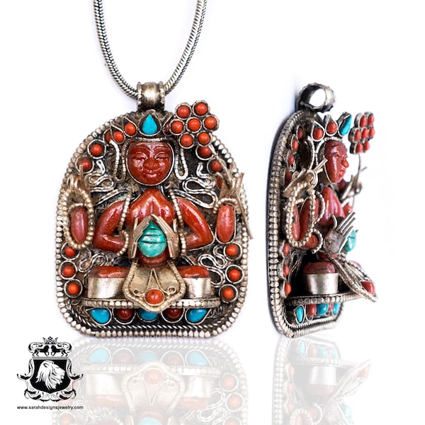 Chenrezig Genuine Coral Ghau Tibetan Prayer Box Gemstone Healing Spiritual Meditation Pendant & FREE 3MM Italian Snake Chain N173