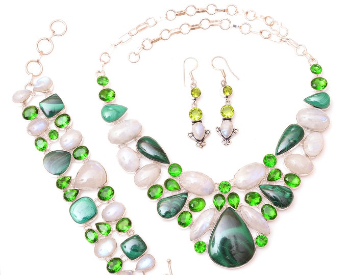 Malachite Moonstone Chrome Diopside Fine 925 Sterling Silver Earrings Bracelet Necklace Set SET1217