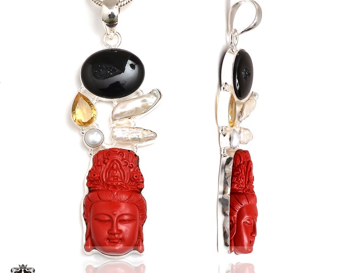 Meditation Zen 4.3 Inch Cinnabar carved Kwan Yin Carving Pendant FREE 3MM Italian Snake Chain P9067