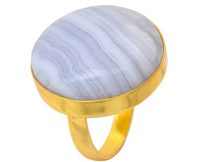 Size 9.5 - Size 11 Blue Lace Agate Ring Meditation Ring 24K Gold Ring GPR1698