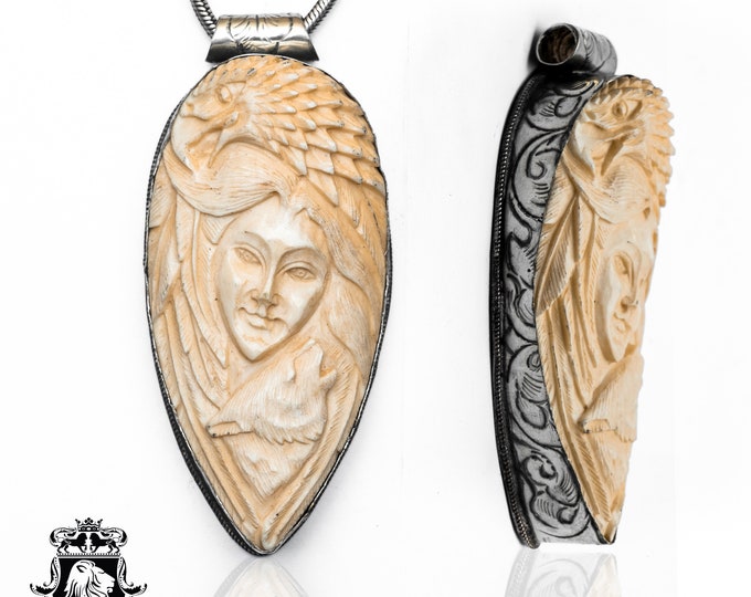 Lady Wolf Eagle Carving Pendant & FREE 3MM Italian 925 Sterling Silver Chain N325