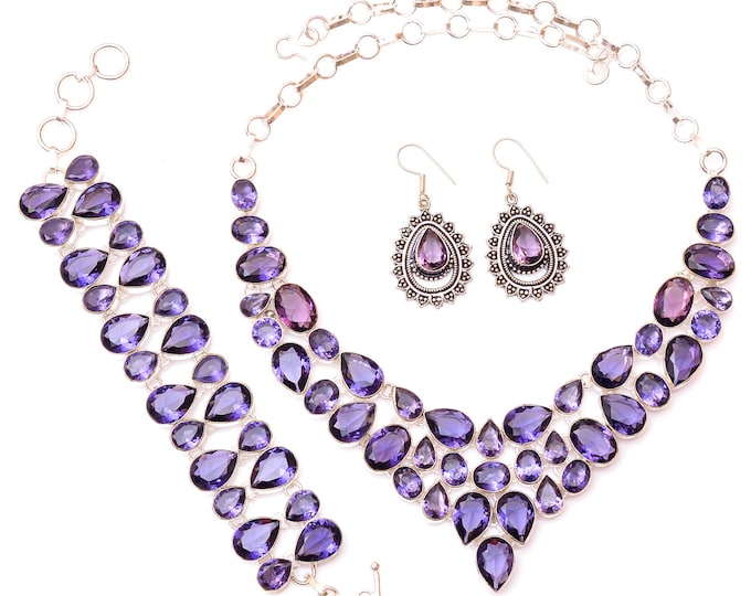 639± Irradiated Lavender Amethyst Fine 925 Sterling Silver Earrings Bracelet Necklace Set SET1212