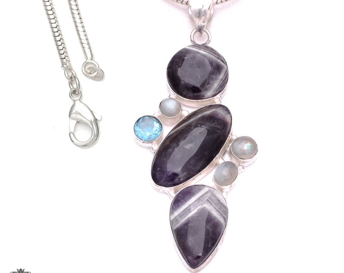 Chevron Amethyst Blue Topaz Moonstone 925 Sterling Silver Pendant & 3MM Italian 925 Sterling Silver Chain Necklace P8045