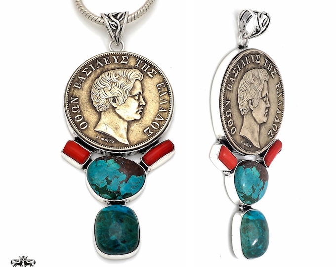 Turquoise Coral Reissued Coin Gemstone Sterling Silver Pendant & FREE 3MM Italian 925 Sterling Silver Chain P8673