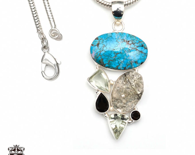 Turquoise Pyrite 925 Sterling Silver Pendant & 3MM Italian 925 Sterling Silver Chain P9302