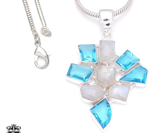 Blue Topaz Moonstone 925 Sterling Silver Pendant & 3MM Italian 925 Sterling Silver Chain P7985