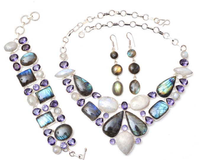 Moonstone Labradorite Amethyst Fine 925 Sterling Silver Earrings Bracelet Necklace Set SET1166