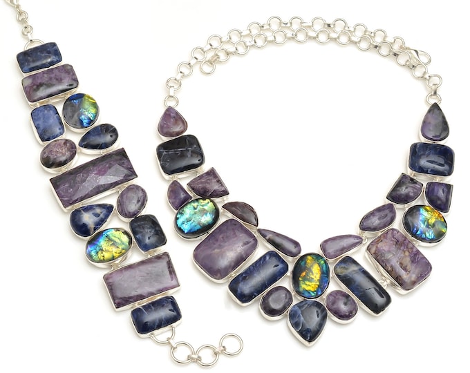 Can't Miss! Sodalite Charoite Dichroic Glass Fine Sterling Silver Necklace Bracelet Earrings SET1007