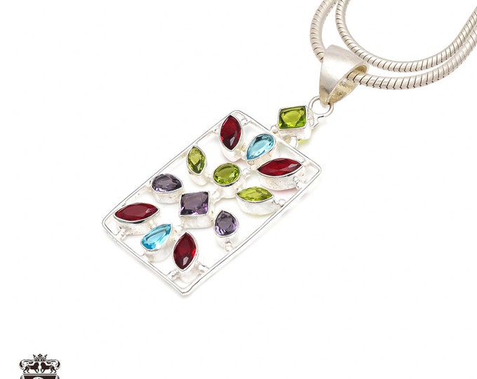 Blue Topaz Garnet Citrine 925 Sterling Silver Pendant & 3MM Italian 925 Sterling Silver Chain P9271