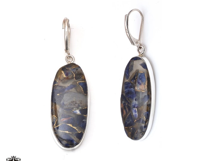 2.2 Inch Pyrite Lapis 925 Sterling Silver Dangle & Drop Leverback Earrings E192