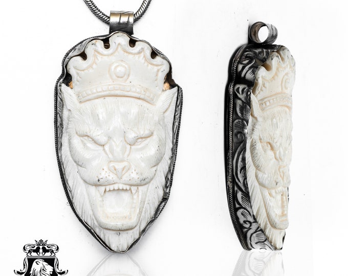 Imperial British Crowned Lion Carving Pendant & FREE 3MM Italian 925 Sterling Silver Chain N358