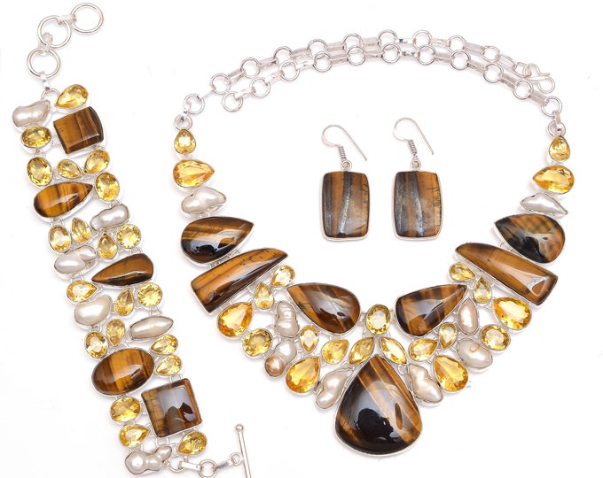 Feeling the Vibe! Tiger's Eye Pearl Citrine Fine 925 Sterling Silver Necklace Bracelet Dangle Earrings SET1147