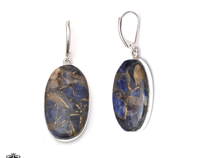 2 Inch Pyrite Lapis 925 Sterling Silver Dangle & Drop Leverback Earrings E198