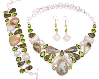 Above All! Imperial Jasper Peridot Moonstone Fine 925 Sterling Silver Necklace Bracelet Earrings SET1150