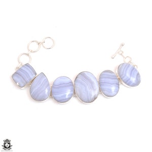 Namibian Blue Lace Agate Genuine Gemstone 925 Sterling Silver Bracelet B4575