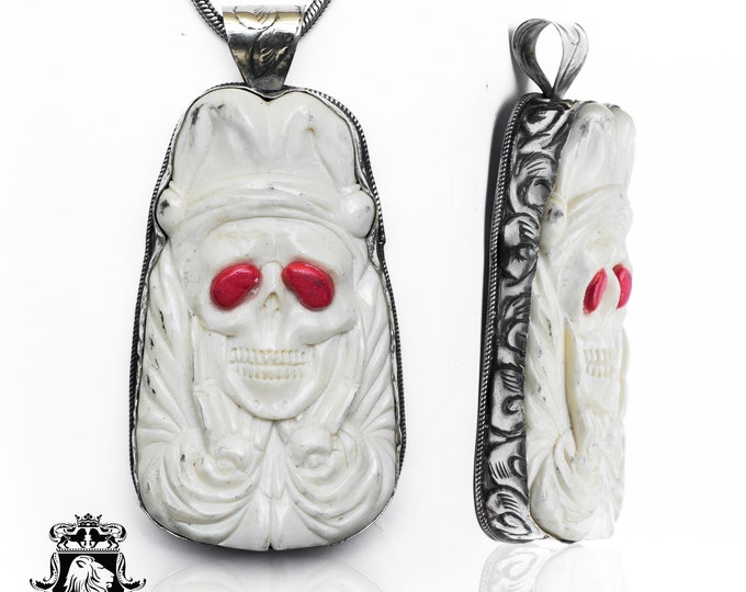 Skeleton Jester Carving Pendant & FREE 3MM Italian 925 Sterling Silver Chain N504